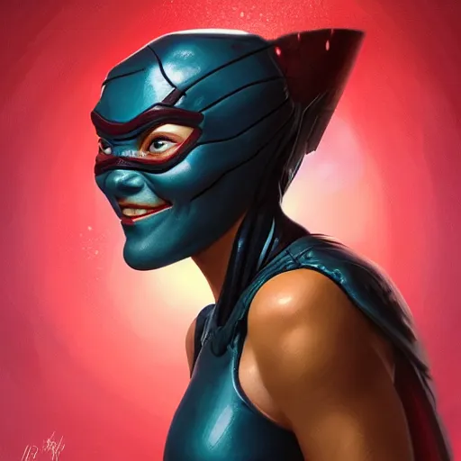 Image similar to head and shoulders portrait of modern darna, ninja turtle eating pizza, intricate, elegant, dark vibes, highly detailed, digital painting, artstation, glamor pose, concept art, smooth, sharp focus, illustration, art by wlop, mars ravelo and greg rutkowski