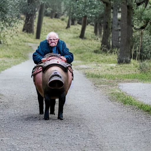 Image similar to portrait of an elderly man riding a pig, canon eos r 3, f / 1. 4, iso 2 0 0, 1 / 1 6 0 s, 8 k, raw, unedited, symmetrical balance, wide angle