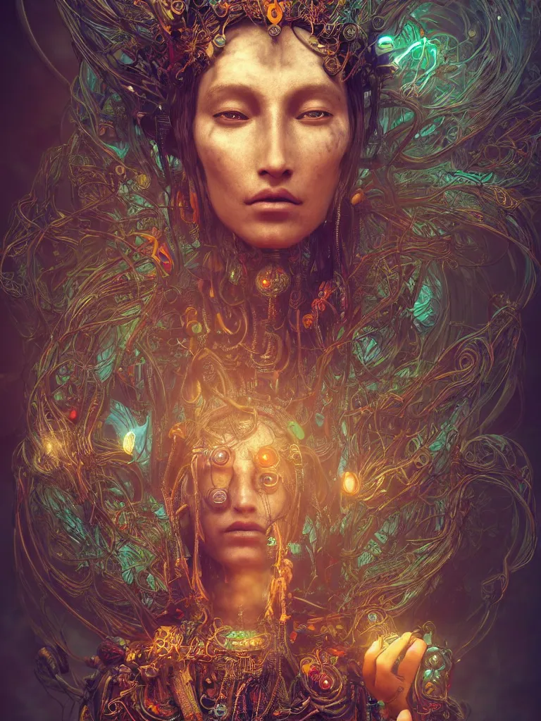 Image similar to an ancient mystical alluring female shaman generating flowing energy and surrounded by wisps of incense smoke sits meditating in a magical cybernetic robot temple, face face face, by android jones and vitaly bulgarov, 3 d, cinema 4 d render, trending on artstation