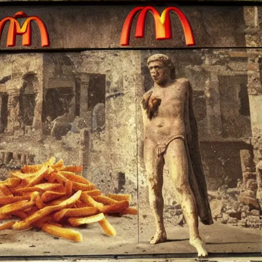 Prompt: McDonals advert, found in the ruins of Pompeii