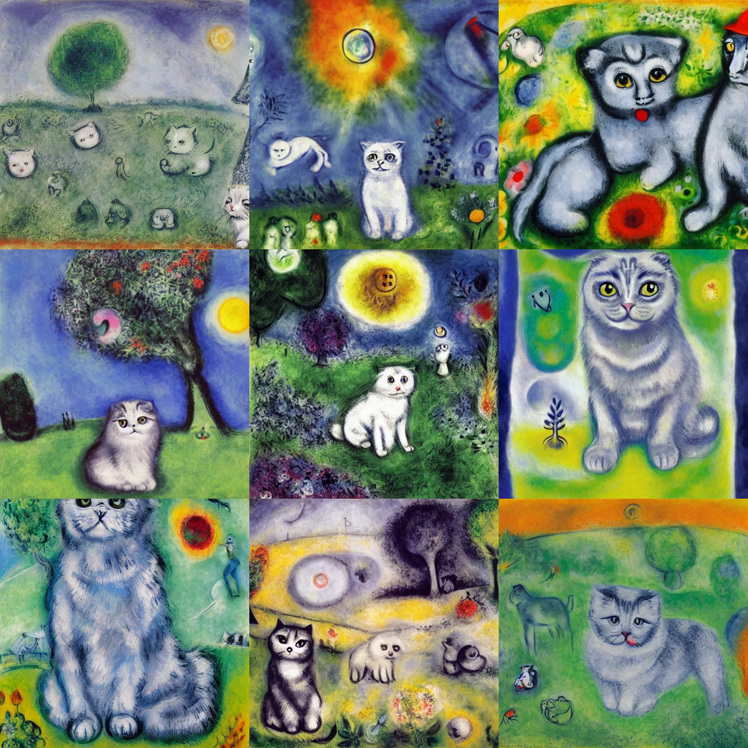 Prompt: a gray scottish fold sitting in the middle of sunny meadow, by marc chagall