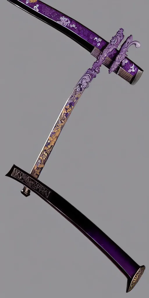 Prompt: a katana in the style of zdzisław beksinski, elegant, silver and amethyst inlay, flower motif, weapon on display, night sky