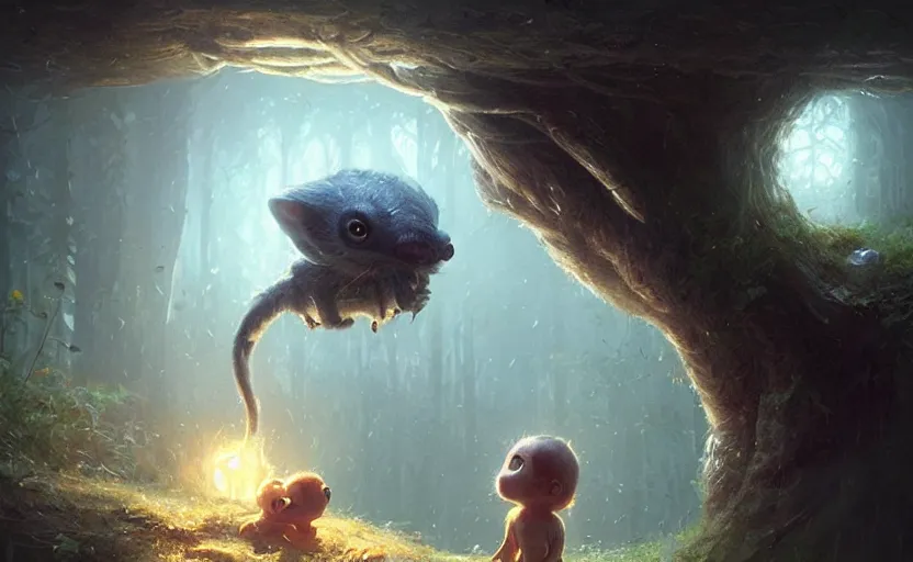 Image similar to a beautiful photo of cute little creature with big eyes, hyper realistic, natural light, concept art, by greg rutkowski, cozy atmospheric and cinematic lighting