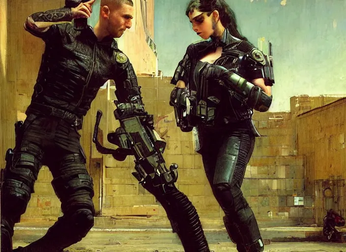 Image similar to Maria evades sgt Griggs. Cyberpunk hacker escaping Menacing Cyberpunk policeman griggs wearing a combat vest. (dystopian, police state, Cyberpunk 2077, bladerunner 2049). Iranian orientalist portrait by john william waterhouse and Edwin Longsden Long and Theodore Ralli and Nasreddine Dinet, oil on canvas. Cinematic, vivid colors, hyper realism, realistic proportions, dramatic lighting, high detail 4k