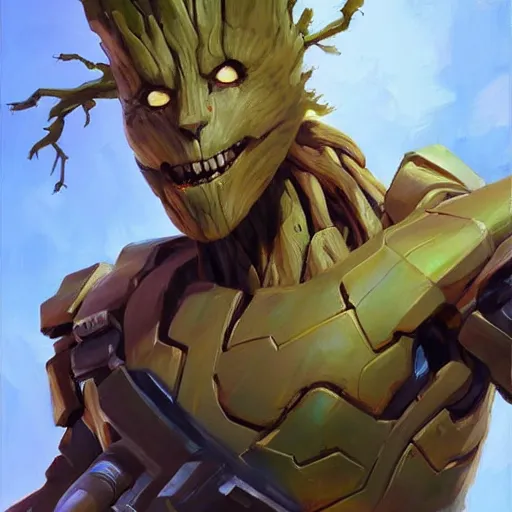 Image similar to greg manchess portrait painting of armored groot as overwatch character, medium shot, asymmetrical, profile picture, organic painting, sunny day, matte painting, bold shapes, hard edges, street art, trending on artstation, by huang guangjian and gil elvgren and sachin teng