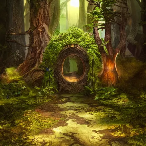 Image similar to portal leading to a fantasy world in a forest in middle earth