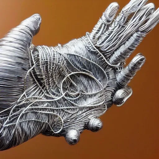 Prompt: realistic silver metal detailed wire sculpture of a human hand, intricate, anatomically correct