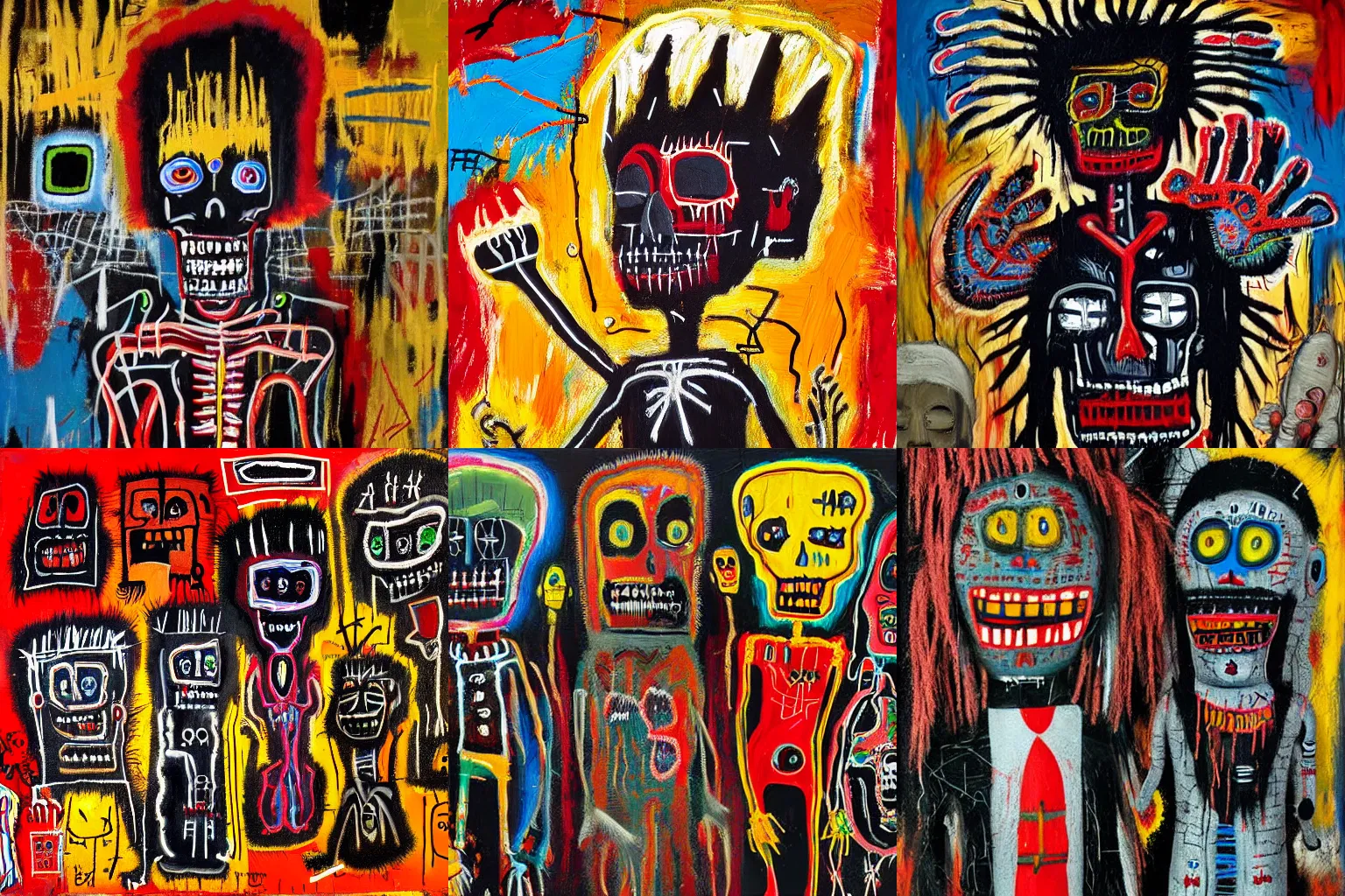 Prompt: extremely highly detailed scary evil terrifying haitian black voodoo dolls paintings by Jean-Michel Basquiat, 8k, , high textures, hyper sharp, insanely detailed and intricate, super detailed, 4k HDR high quality