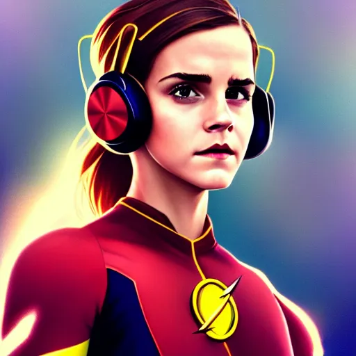 Prompt: beautiful Emma Watson as Kid Flash with a headset, western, closeup, D&D, fantasy, intricate, elegant, highly detailed, digital painting, artstation, concept art, matte, sharp focus, illustration, art by Artgerm and Greg Rutkowski and Alphonse Mucha