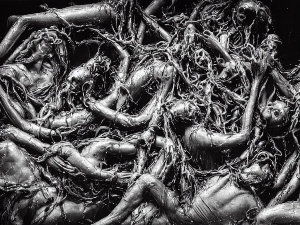 Image similar to the raft of the medusa as an animatronic body horror film, rubber latex, fleshy, Cronenberg, Rick Baker, dramatic film still, daylight, photo real, extremely detailed, wet, slimy, wide angle, rule of thirds, 28mm, 1984, vivid colors, Eastman EXR 50D 5245/7245