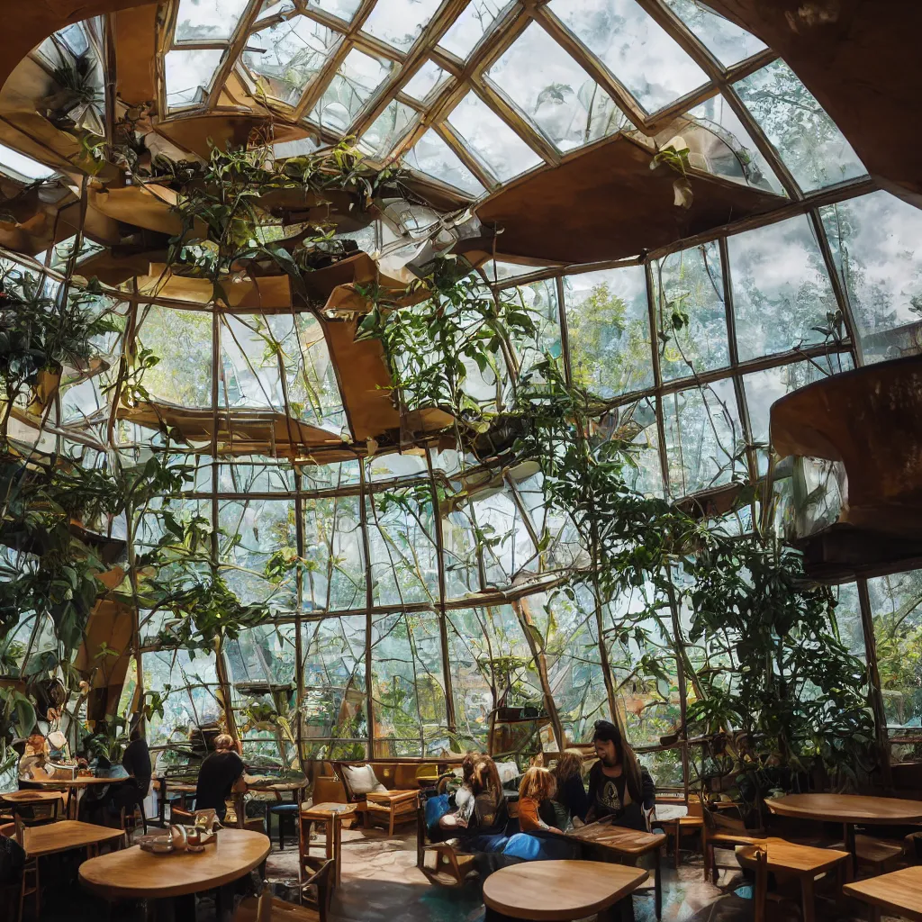 Image similar to inside luxurious earthship cafe with sunken lounge and indoor garden with skylights, friendly barista, and artist painting a geometric mural on the wall, clean and simple composition, golden ratio, rule of thirds, XF IQ4, 150MP, 50mm, F1.4, ISO 200, 1/160s, dawn