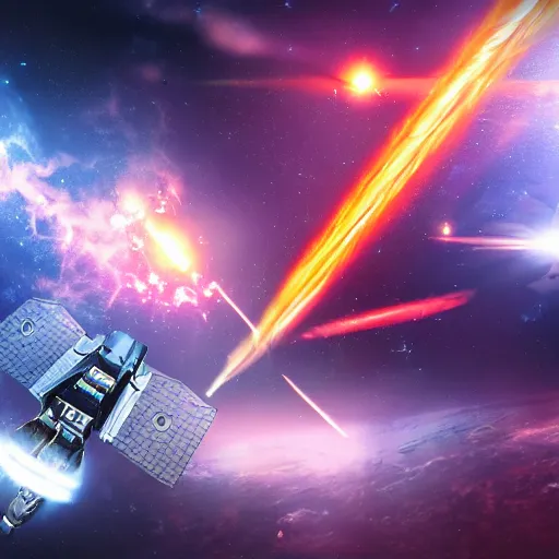 Image similar to spacecraft from every game battling in outerspace. realistic laser beams, explosions, simulated space combat, high detail, 8 k, artstation, cinematic lighting, intricate, highly detailed, hdr, sharp, focus, zoomed out, stellar background