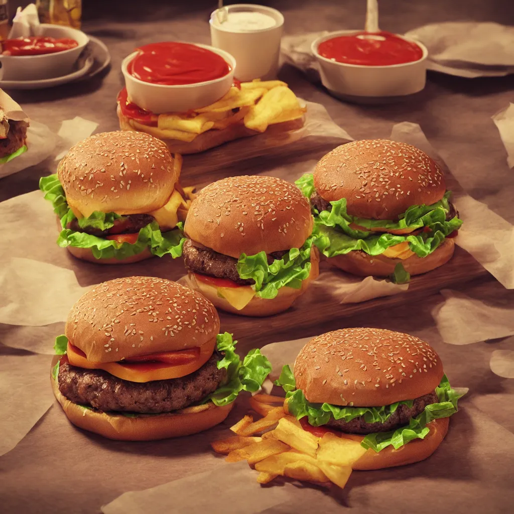 Image similar to A burger with too much ketchup all over the wrapping paper, octane render, Unreal Engine, cinematic