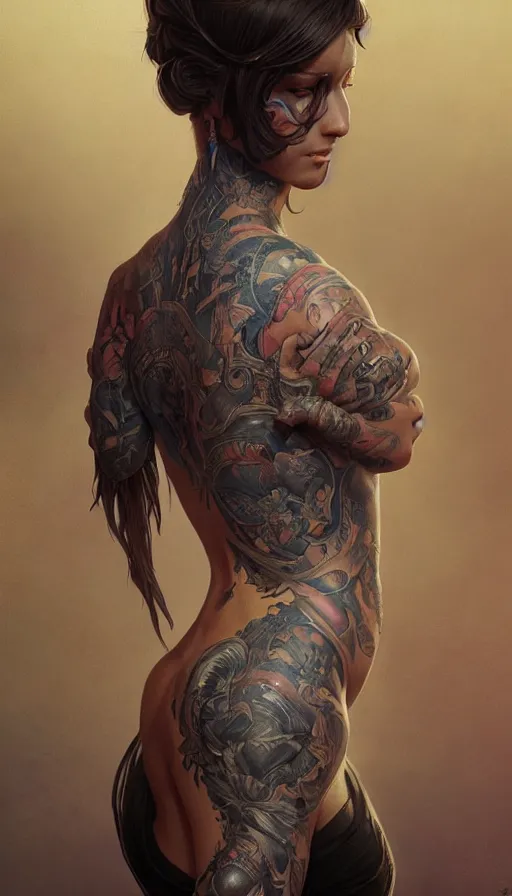 Image similar to tattooed lady, sweaty, insane, intricate, highly detailed, digital painting, artstation, concept art, smooth, sharp focus, illustration, Unreal Engine 5, 8K, art by artgerm and greg rutkowski and alphonse mucha