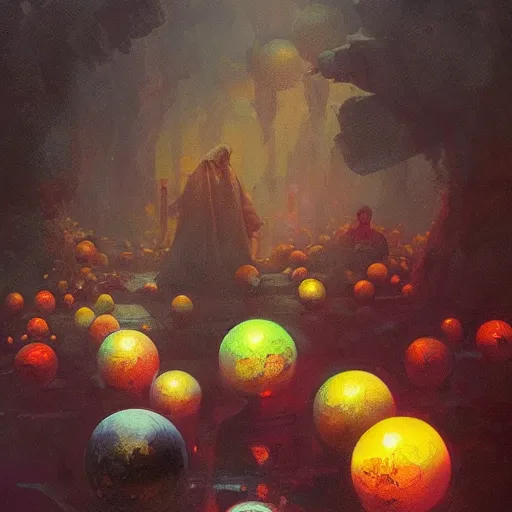 Image similar to glowing orbs of magical power, available edible only at the willy wonka store, bright colors, high bloom, artstation, by greg rutkowski, by ilya repin