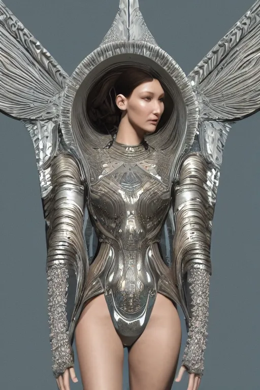 Image similar to a highly detailed 4 k render of a beautiful angel alien goddess bella hadid in iris van herpen dress armor schiaparelli in diamonds and jewelry in style of alphonse mucha trending on artstation made in unreal engine 4