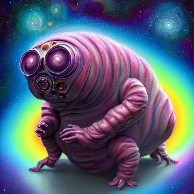 Image similar to a highly detailed tardigrade, it has rainbow hair and a beautiful unconventional face, floating through deep space, elegant, hyperrealistic, digital painting, artstation, realism, concept art, pop, smooth, mythological, sharp focus, qualia, illustration, art by mark ryden 3 d 8 k ultra detailed