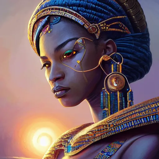 Image similar to highly detailed portrait of an african egyptian goddess, intricate alien technology, stephen bliss, unreal engine, fantasy art by greg rutkowski, loish, rhads, ferdinand knab, makoto shinkai and lois van baarle, ilya kuvshinov, rossdraws, tom bagshaw, global illumination, radiant light, detailed and intricate environment