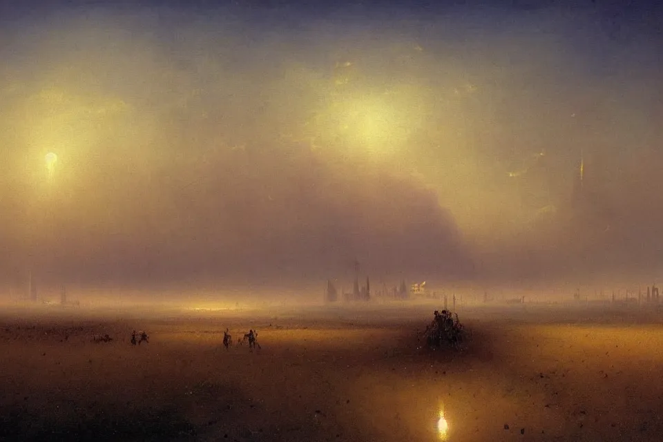 Image similar to sci-fi painting of a large alien city on the vast wheat fields, the closed back view of only one humanoid robot on the ground, by Ivan Aivazovsky, godrays, detailed