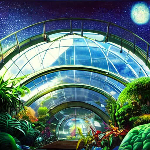 Prompt: a cinematic view of a space habitat colony, large indoor greenhouse with exotic plants, retrofuturism, scifi art, oil on canvas, biodome, stars in the sky above, details, hyper - detailed, hd, hdr, 4 k, 8 k