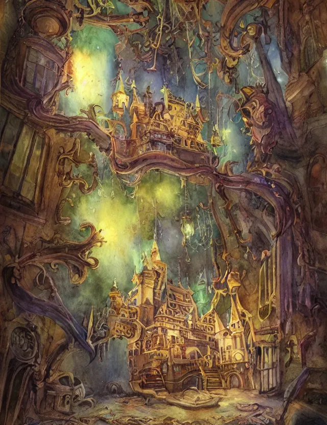 Prompt: delapidated magic castle. this watercolor painting by the beloved children's book author has interesting color contrasts, plenty of details and impeccable lighting.