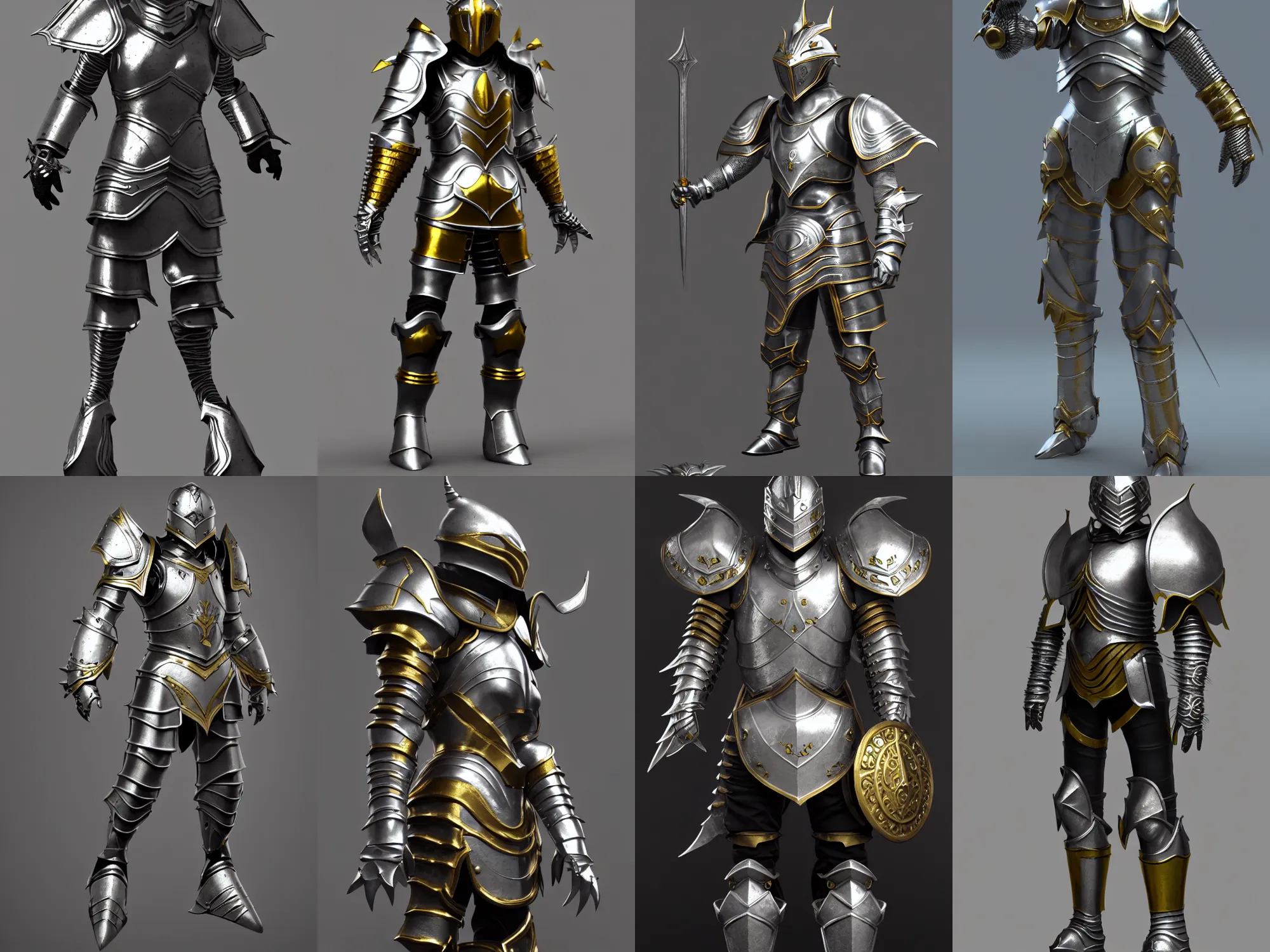 Prompt: render of creative fantasy armor, silver with gold trim, huge stylized pauldrons, medieval fantasy, extremely clean, exaggerated proportions, trending on Artstation, HD Octane render, 8k