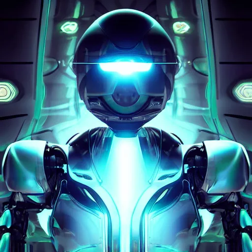 Image similar to futuristic robot with neon eyes, hyperrealistic, cinematic, sleek, epic fantasy background