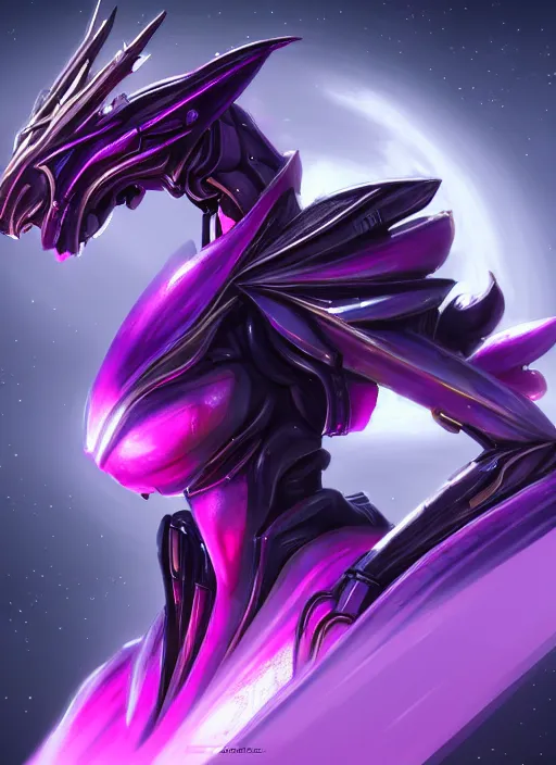 Image similar to cinematic goddess close shot, cosmic sized beautiful stunning elegant hot giant robot mecha female dragon, sharp sleek cyborg dragon head, sharp metal ears, purple eyes, smooth fuschia skin, smooth silver armor, floating in space, epic proportions, epic scale, macro furry, furry art, dragon art, goddess art, giantess art, warframe fanart, furaffinity, octane