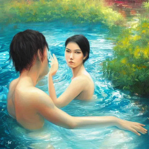 Image similar to two people thinking of each other in their pool, by ross tran, oil on canvas