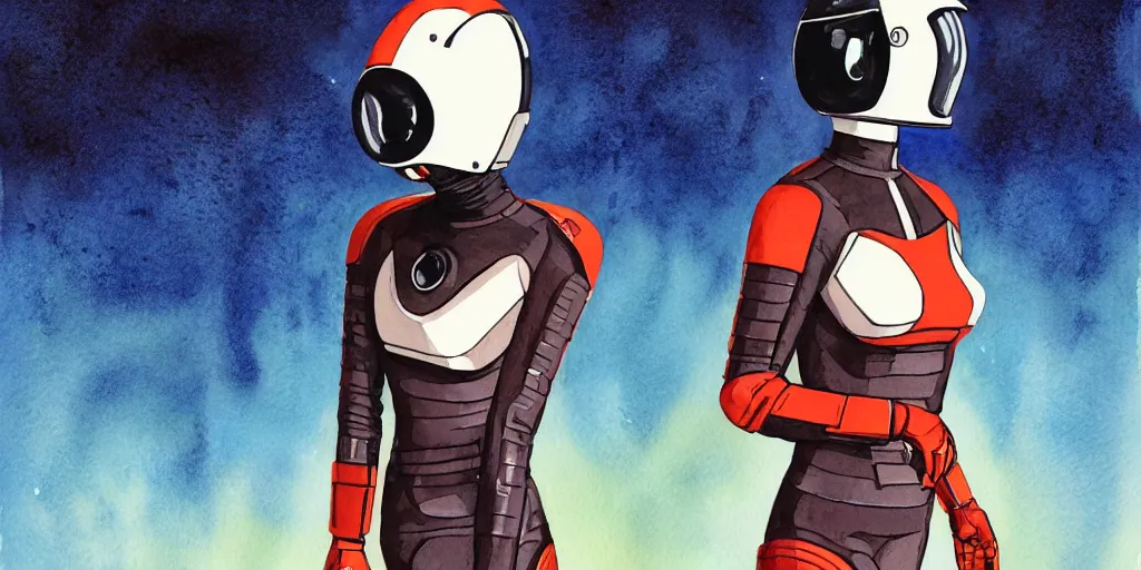 Image similar to woman, full body, wide shot, modern space suit, intriguing helmet, stylized character design, the expanse tv series, large shoulders, short torso, long thin legs, tiny feet, science fiction, hyperdetailed, technical suit, dieselpunk, watercolor digital painting, in the style of bruce timm, by alex maleev