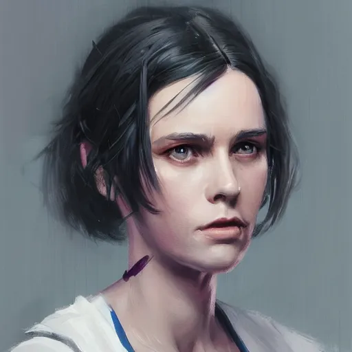 Image similar to portrait of a woman by greg rutkowski, she is about 3 0 years old, messy black bob hair, pale round face, tired eyes, she is wearing a purple nurse jumpsuit, highly detailed portrait, digital painting, artstation, concept art, smooth, sharp foccus ilustration, artstation hq