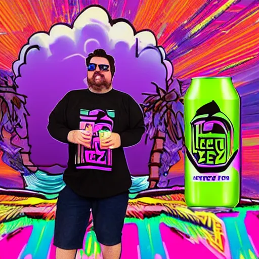 Image similar to Jeff Gerstmann enjoying a Zoe Energy drink in the Vaporwave zone, detailed, colorful