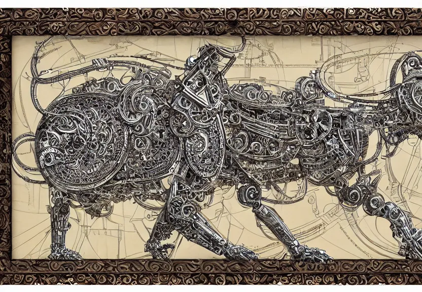 Prompt: schematic blueprint of highly detailed ornate filigreed convoluted ornamented elaborate cybernetic rat, wooden frame with fold leaf, art by da vinci