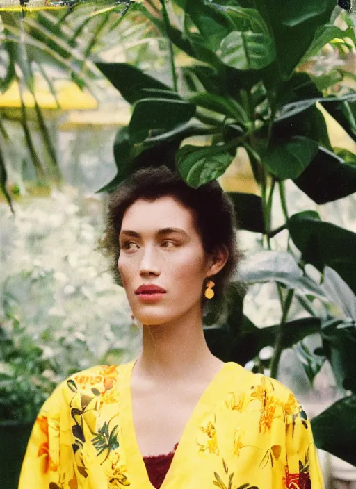 Image similar to grainy head to shoulder portrait Polaroid film photograph of an elegant top model wearing a yellow kimono in a tropical greenhouse. looking at the camera!!. super resolution. Extremely detailed. Polaroid 600 film. art by Rineke Dijkstraand Annie Leibovitz.