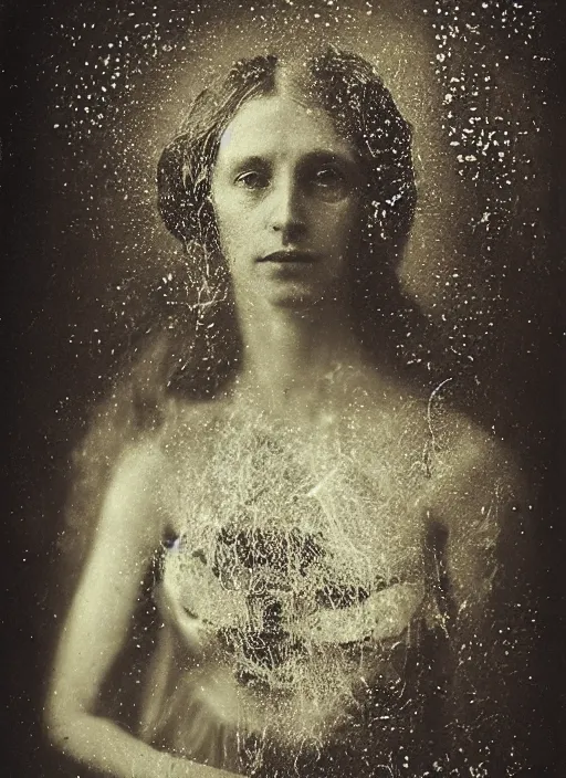 Image similar to old wetplate daguerreotype portrait of a lady with crackle skin, explosion of data fragments, fractal, intricate, elegant, highly detailed, parallax, leica, medium format, subsurface scattering, by jheronimus bosch and greg rutkowski and louis jacques mande daguerre