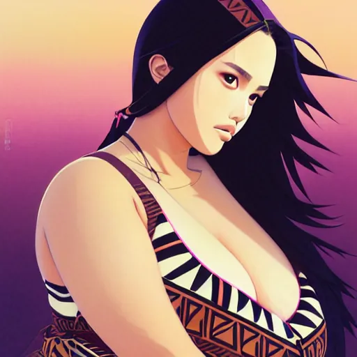 Image similar to a beautiful plus sized model japanese natalie portman, alluring plus sized model with brown skin, wearing mayan leotard with overalls, street fashion hip hop style with mayan patterns, aztec street fashion, gapmoe yandere grimdark, trending on pixiv fanbox, painted by greg rutkowski makoto shinkai takashi takeuchi studio ghibli, akihiko yoshida