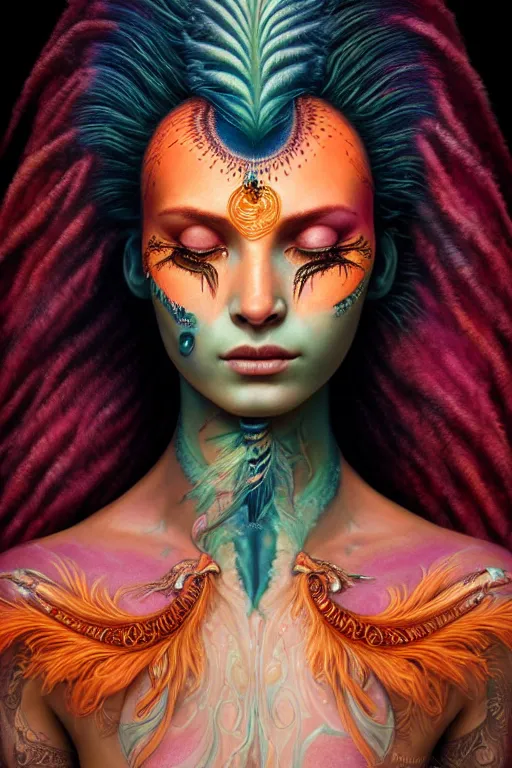 Prompt: a stunning ultra detailed fantasy fine art closeup portrait photo of a sleeping na'vi goddess from avatar movie surrounded by pinkish orange feathers, by tom bagshaw, artgerm and natalie shau, henna tattoos on the face, paisley designs, 8 5 mm lens, deep depth of field, perfect closed eyes and face, soft lighting, biomechanical robot