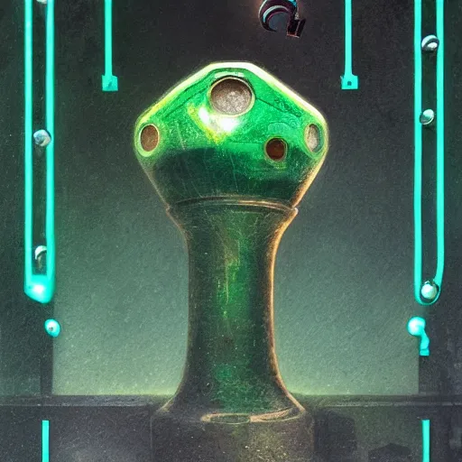 Prompt: a green alien hand with a high tech bracelet crumbling a chess piece into powder in front of a circuit board, science fiction, highly detailed, digital painting, artstation, concept art, illustration, art by Greg Rutkowski and alphonse mucha