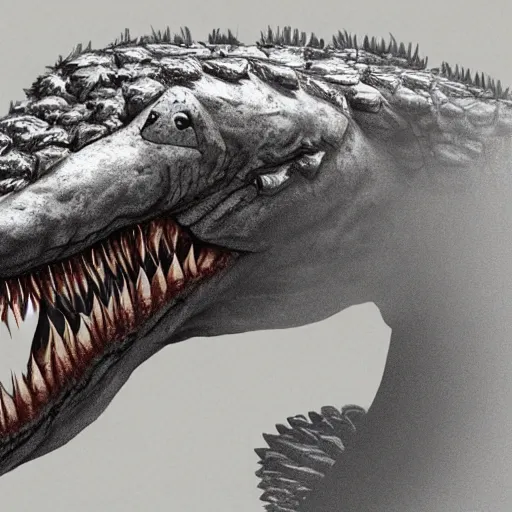 Image similar to Fur covered crocodile with a wolve's head, concept art, photoshop artwork, highly detailed