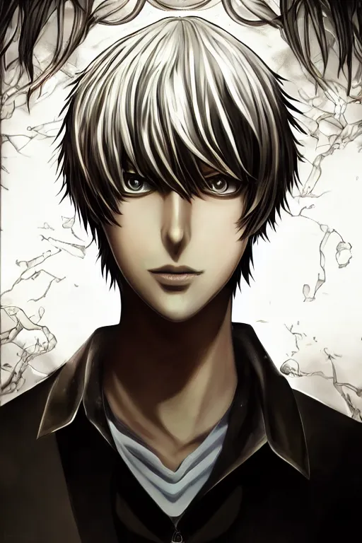 Image similar to light yagami, god of the new world, highly detailed, digital art, sharp focus, trending on art station, death note