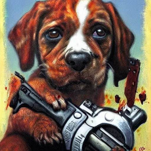 Image similar to a zombie puppy holding a gun. Painting by James Gurney