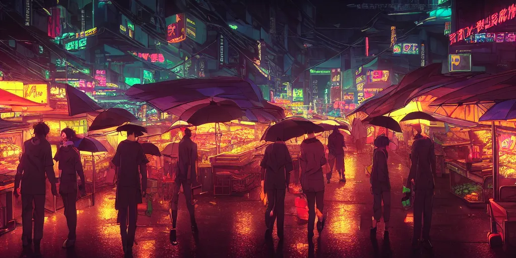 Image similar to twilight lighting, moody, atmospheric, solarpunk, cyberpunk, a render of davao city's roxas night market, rainy, in the art style of neon genesis : evangelion, 8 0 s anime style, by ghibli studio and victor ngai, ghost in the shell art style, akira artstyle, pixar highly detailed, 8 k h 5 7 6