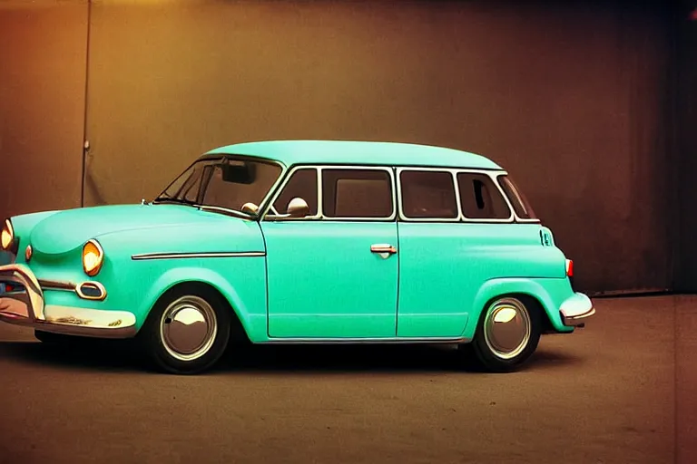 Image similar to stylized poser of a single 1955 Volkwagen GTI, thick neon lights, ektachrome photograph, volumetric lighting, f8 aperture, cinematic Eastman 5384 film