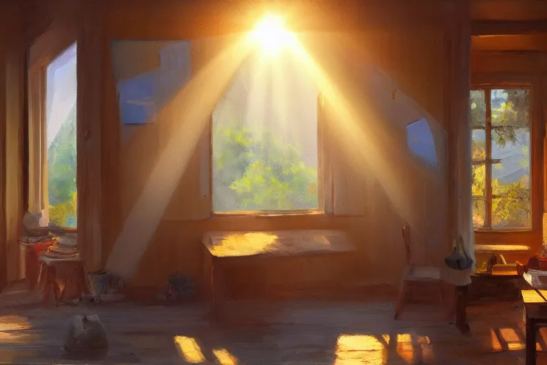 Image similar to rays of the morning sun shining through the window of the village house. very beautiful, clear sky, warm shiny colors, oil painting, high detail, trending on artstation