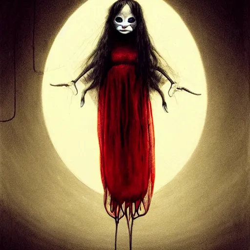 Image similar to sketch of Billie eilish with a wide smile and a red balloon by Zdzisław Beksiński, loony toons style, pennywise style, corpse bride style, creepy lighting, horror theme, detailed, elegant, intricate, conceptual, volumetric light