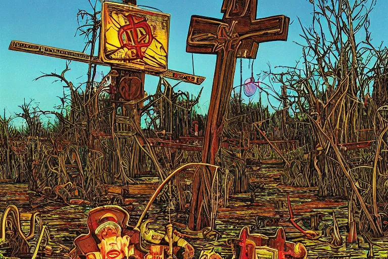 Prompt: scene fromlouisiana swamps, old protestant church with neon cross, junkyard by the road, boy scout troop, voodoo, artwork by jean giraud
