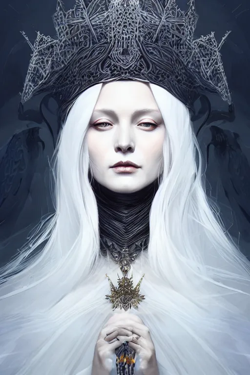 Prompt: a portrait of white witch queen with raven, fantasy, sharp focus, intricate, elegant, digital painting, artstation, matte, highly detailed, concept art, illustration, ambient lighting, art by ilya kuvshinov, artgerm, jingna zhang, and greg rutkowski