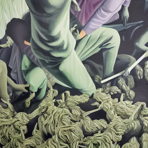 Prompt: close up of green blessing, painting by neo rauch, highly detailed