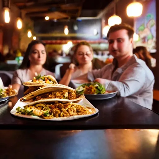 Image similar to A group of corgis eating taco in a Mexican restaurant, cinematic lighting, dramatic