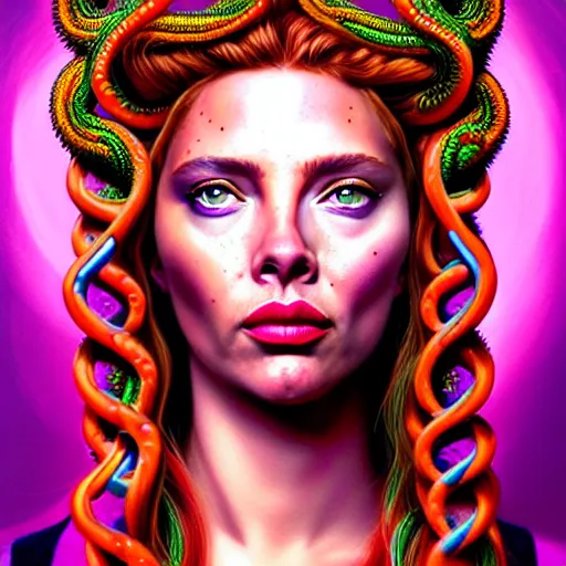 Image similar to an extremely psychedelic portrait of medusa as scarlett johanson, surreal, lsd, face, detailed, intricate, elegant, lithe, highly detailed, digital painting, artstation, concept art, smooth, sharp focus, illustration